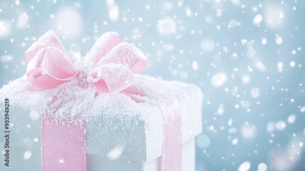 White gift box with a pink ribbon in a snowy, dreamy atmosphere. White gift box with a pink ribbon in a snowy, dreamy atmosphere.