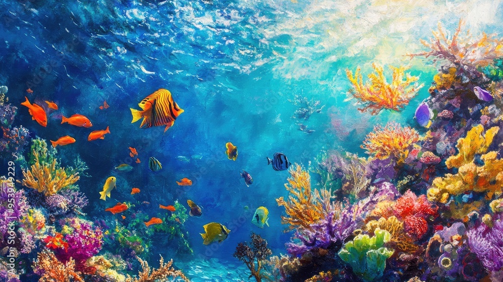 Naklejka premium Underwater Coral Reef with Colorful Fish