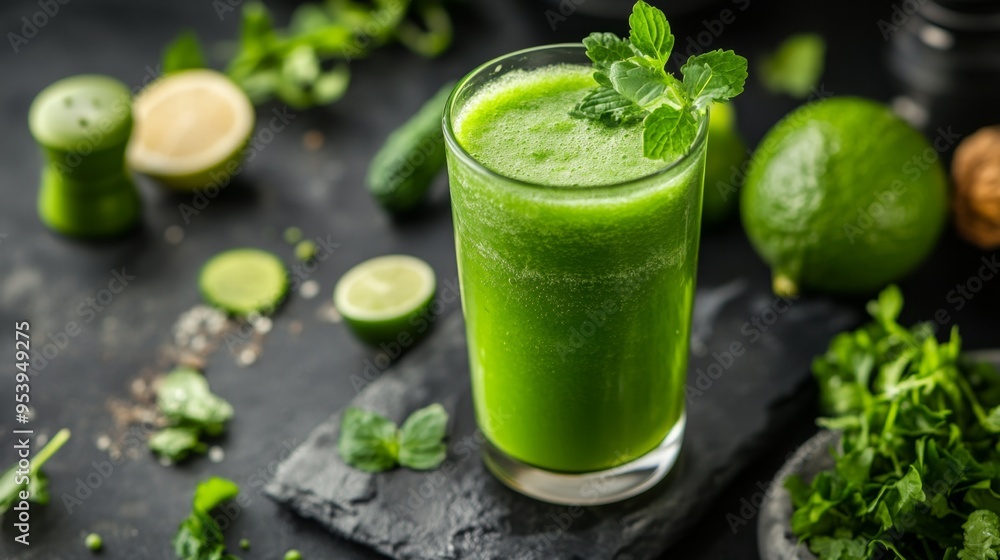 A high-quality stock image of a glass of fresh green juice with a leafy garnish on the right side, leaving space on the left for text. Ideal for health and wellness, juice bars, and organic promotions A high-quality stock image of a glass of fresh green juice with a leafy garnish on the right side, leaving space on the left for text. Ideal for health and wellness, juice bars, and organic promotions