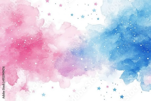 A dreamy watercolor painting featuring a blend of pink and blue hues, with stars and nebula-like forms. photo