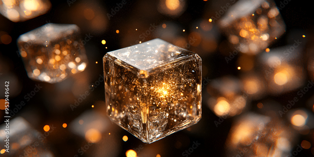 Floating crystalline gold cubes sparkling in a dark background with light reflections and glowing particles during a dynamic digital art display Floating crystalline gold cubes sparkling in a dark background with light reflections and glowing particles during a dynamic digital art display