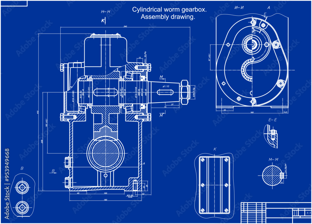 Assembly drawing of reducer (cylindrical worm gearbox). Vector engineering cad scheme of steel mechanical device
with shaft, gear,
electric engine, bolted connection and dimension lines. Assembly drawing of reducer (cylindrical worm gearbox). Vector engineering cad scheme of steel mechanical device
with shaft, gear,
electric engine, bolted connection and dimension lines.