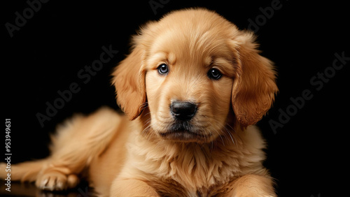 An adorable Golden Retriever puppy on a sleek black background, highlighting its fluffy fur and charm.