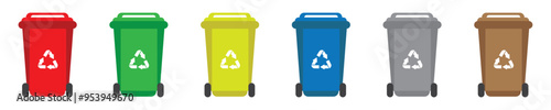 Garbage bins set. Waste sorting containers. Colorful trash cans with recycling icon. Vector illustration.