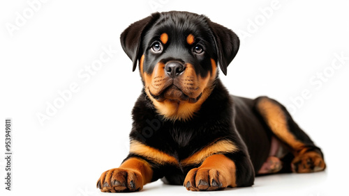 An adorable Rottweiler puppy on a pristine white background, showcasing its cuteness and playful nature.
