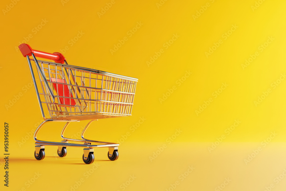 Empty shopping cart standing on yellow background with copy space Empty shopping cart standing on yellow background with copy space