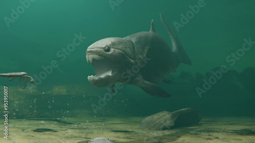 
An animation of the large prehistoric armored fish Dunkleosteus hunting eurypterids (sea scorpions) Adelophthalmus during the Devonian 382 million years ago.