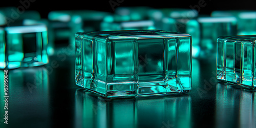 Crystal-clear teal glass blocks arranged artistically on a reflective surface create an enchanting visual display in low light