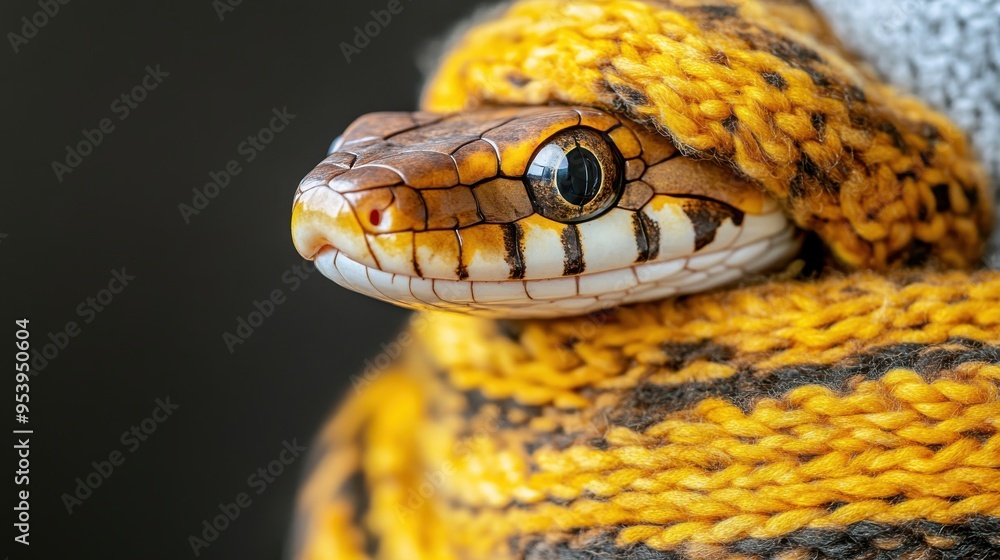 Obraz premium A vibrant snake wrapped in colorful knitted fabric showcases intricate patterns and textures in a cozy indoor setting. Symbol of 2025 New year.