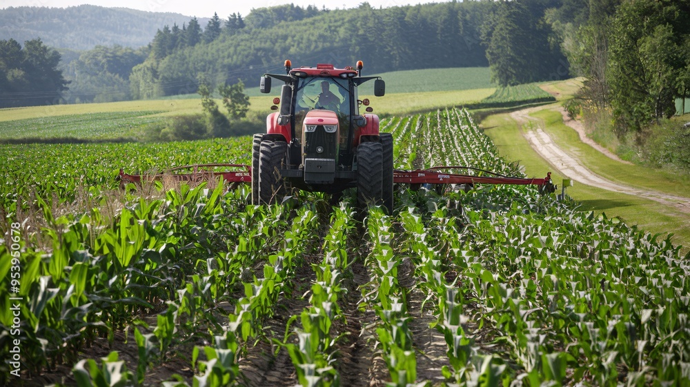 Cultivating the Future: A powerful red tractor tills fertile land, preparing the soil for a bountiful harvest amidst a picturesque rural landscape. Cultivating the Future: A powerful red tractor tills fertile land, preparing the soil for a bountiful harvest amidst a picturesque rural landscape.