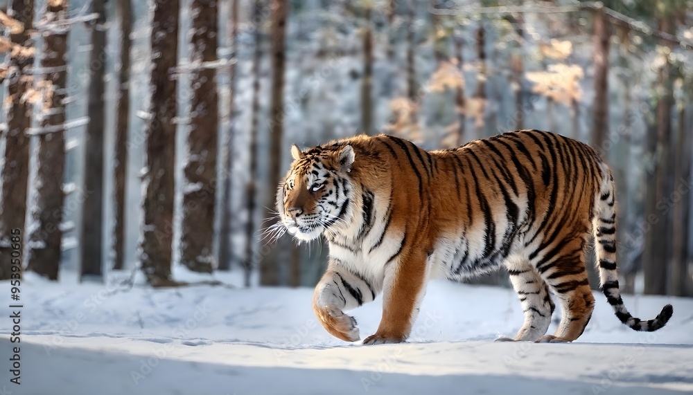 Obraz premium A close-up shot of an Amur tiger prowling through a dense Siberian forest, its vibrant fur contrasting against the snowy landscape. 
