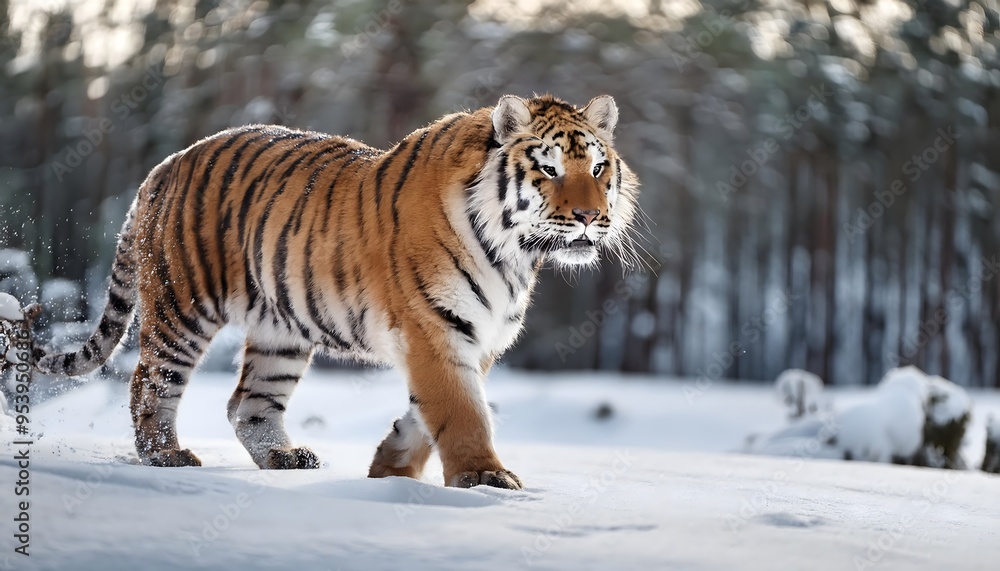 Obraz premium A close-up shot of an Amur tiger prowling through a dense Siberian forest, its vibrant fur contrasting against the snowy landscape. 