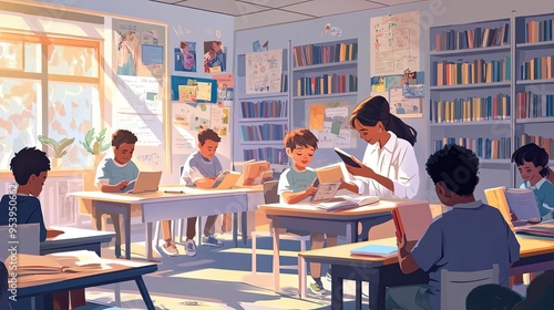 Engaging Classroom Learning: Teacher Assisting Student with Reading, Classroom Scene with Kids Reading, Bookshelves, and Posters