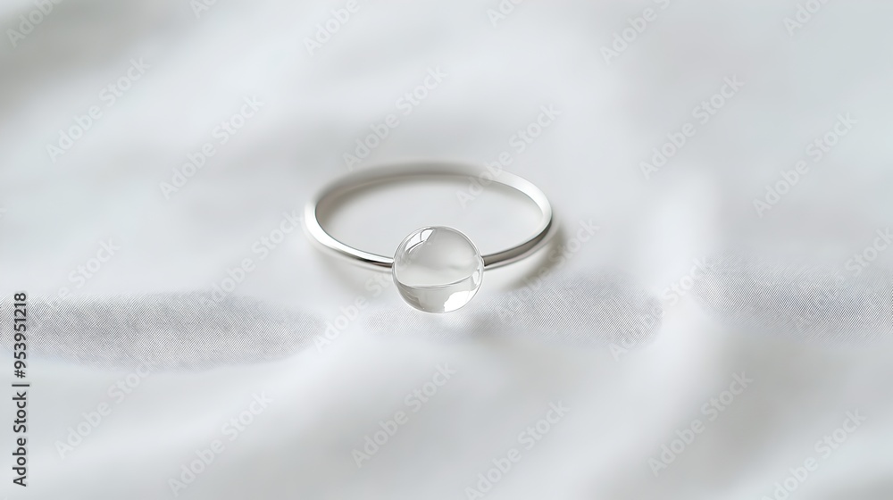 Minimalist glass ring featuring a small round clear glass bead set on a thin silver band lying on a plain white background emphasizing simplicity and purity Minimalist glass ring featuring a small round clear glass bead set on a thin silver band lying on a plain white background emphasizing simplicity and purity