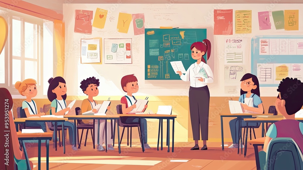Fun Language Lesson in a Classroom: Cartoon Teacher with Students Writing Letters and Colorful Educational Posters on Walls Fun Language Lesson in a Classroom: Cartoon Teacher with Students Writing Letters and Colorful Educational Posters on Walls