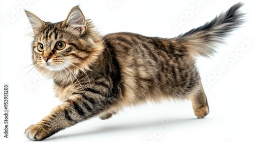 American Bobtail Cat in Midstride on White Background, Capturing Breed's Unique Strength and Tail Generative AI photo