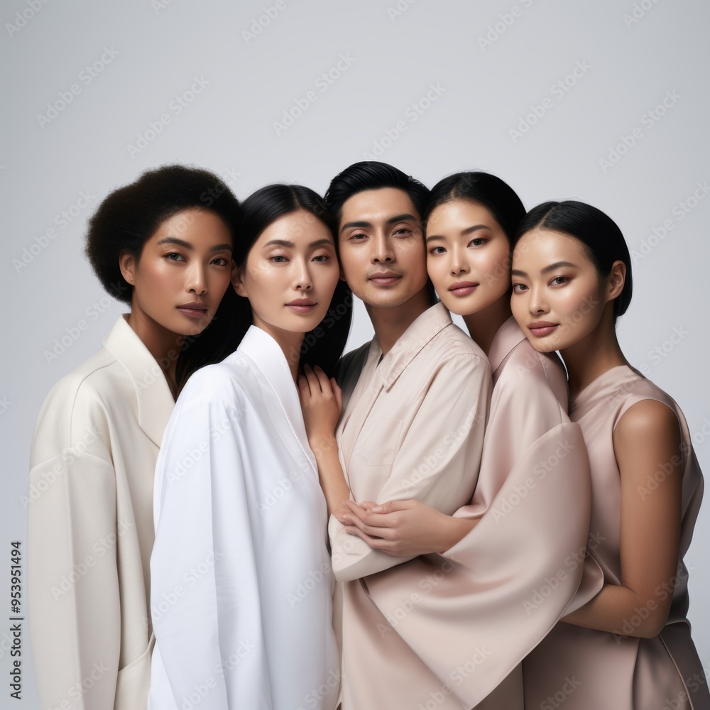 Group close up portrait of people in studio with different skin tones on white background Group close up portrait of people in studio with different skin tones on white background