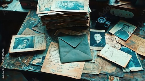 A stack of old letters and an open envelope scattered on a table with a person lost in memories photo