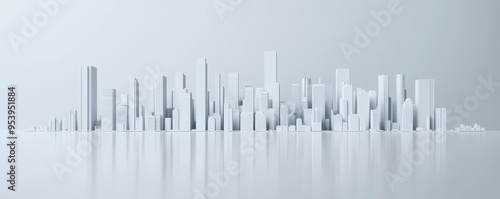 Minimalistic monochrome cityscape with 3D buildings. Clean, modern urban design with a reflective surface in a tranquil, serene atmosphere.