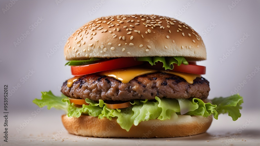 A hamburger with lettuce and tomato on top of a bun A hamburger with lettuce and tomato on top of a bun