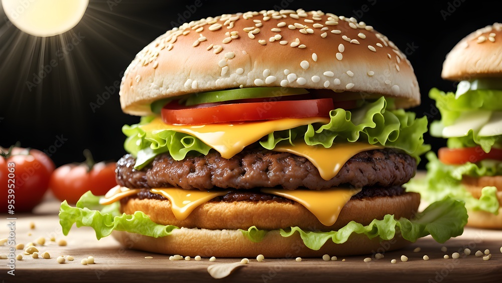 A large hamburger with lettuce and tomato on top of a bun A large hamburger with lettuce and tomato on top of a bun