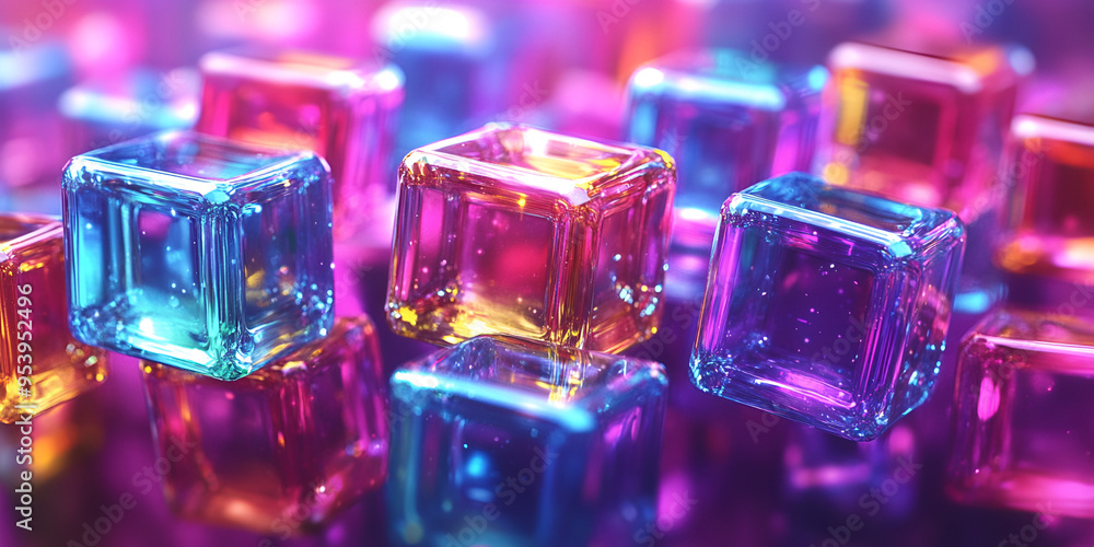 Colorful translucent cubes scattered on a reflective surface illuminated by vibrant lights in a dynamic setting Colorful translucent cubes scattered on a reflective surface illuminated by vibrant lights in a dynamic setting