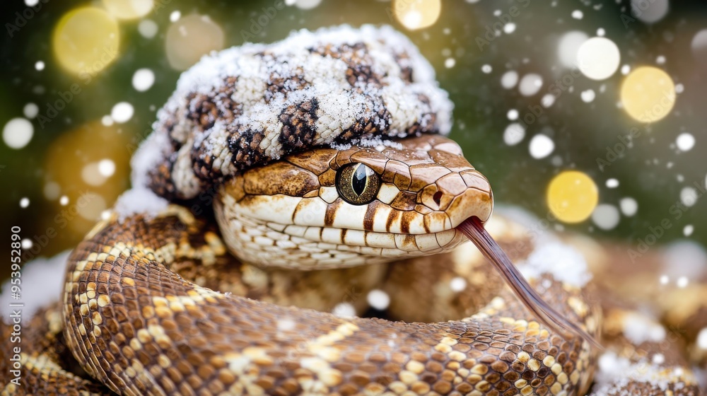 A cozy snake wearing a knitted hat amidst falling snowflakes in a winter setting with dreamy bokeh background. Symbol of 2025 New year. A cozy snake wearing a knitted hat amidst falling snowflakes in a winter setting with dreamy bokeh background. Symbol of 2025 New year.
