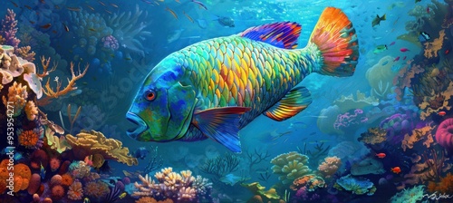 A colorful parrotfish swimming in the ocean, surrounded by coral reefs and other marine life