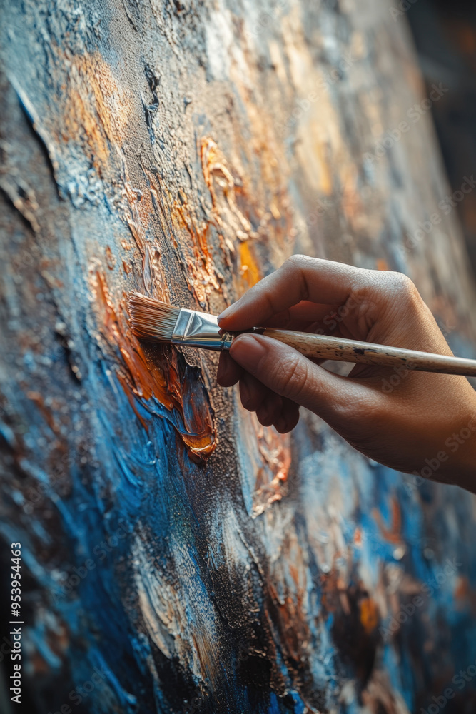 Artist is adding a layer of orange oil paint to their abstract painting using a brush Artist is adding a layer of orange oil paint to their abstract painting using a brush
