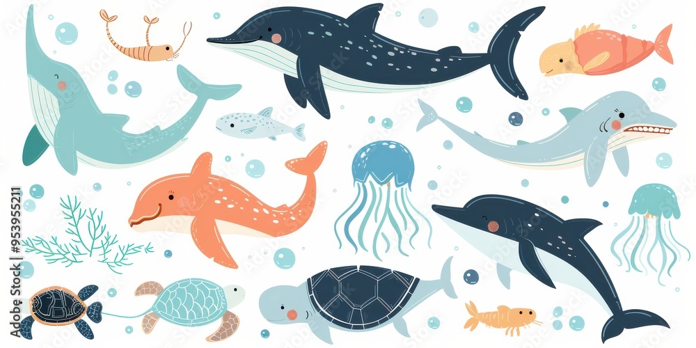 Fototapeta premium A collection of vector illustrations of sea animals, including whales, dolphins, and jellyfish, isolated on a white background.