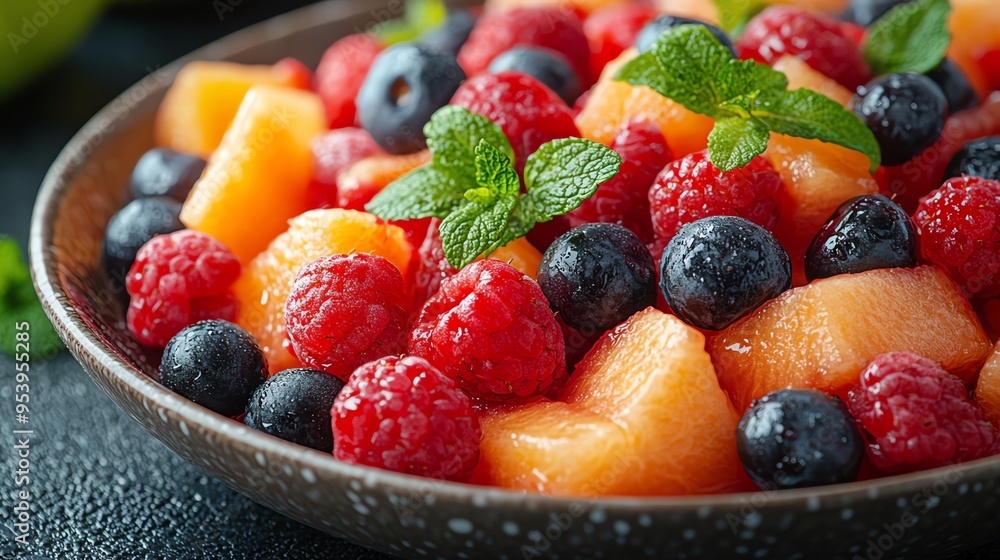 Colorful fruit salad with a mix of berries, citrus, and melon, rich in antioxidants, brain health focus Colorful fruit salad with a mix of berries, citrus, and melon, rich in antioxidants, brain health focus
