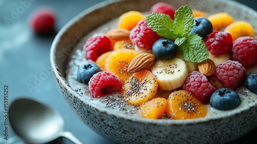 Chia pudding topped with fresh fruits and nuts, brainstimulating dessert, healthy and satisfying