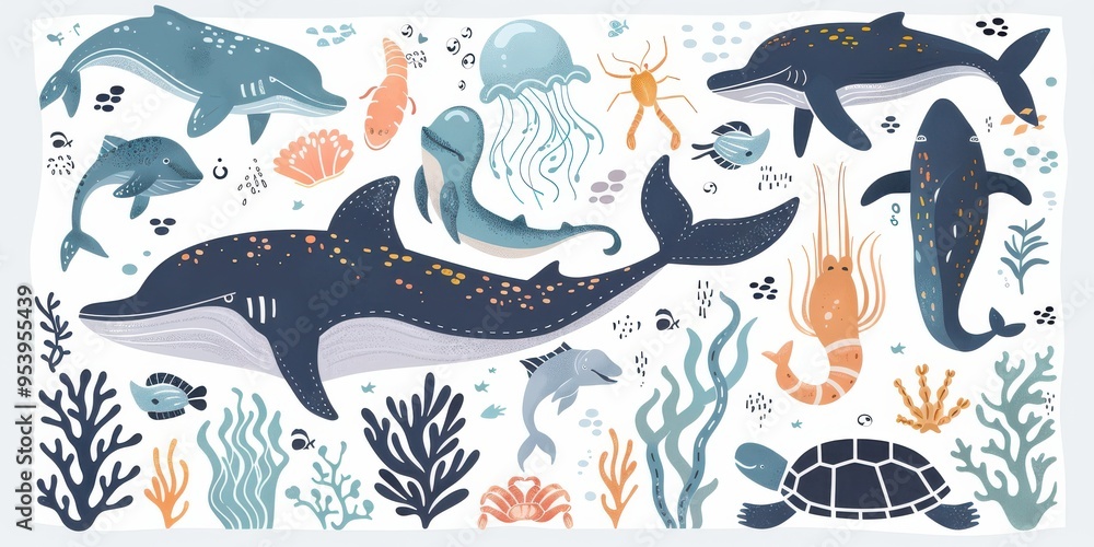 Obraz premium A collection of vector illustrations of sea animals, including whales, dolphins, and jellyfish, isolated on a white background.