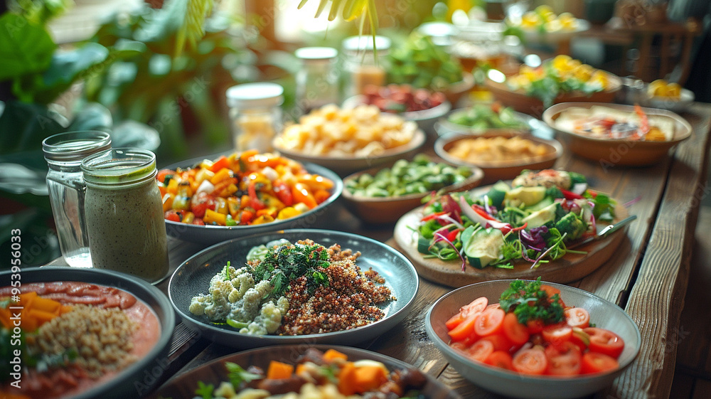 Colorful spread of fresh salads and fruits at a vibrant outdoor gathering Colorful spread of fresh salads and fruits at a vibrant outdoor gathering