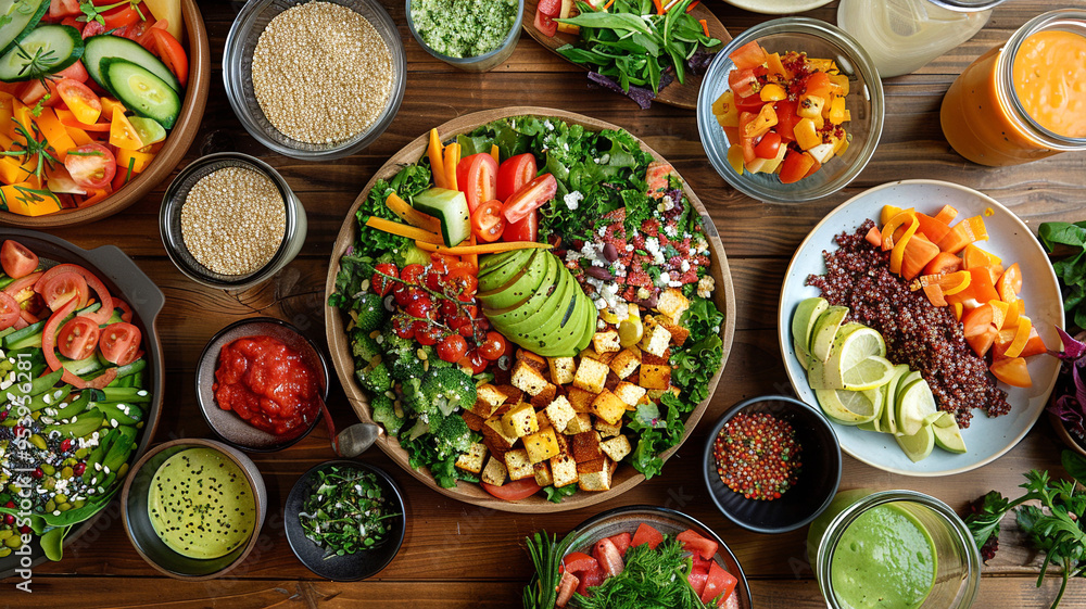 Fototapeta premium Colorful vegetable and grain spread served on a wooden table at a summer gathering