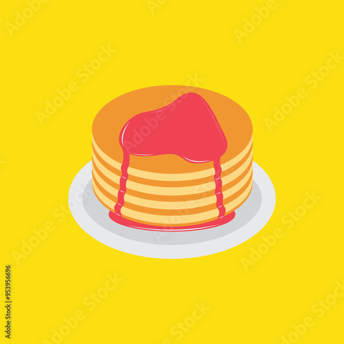 Pancakes on plate with cream and honey syrup sweet vector illustration. Tasty holiday cake food isolated on white