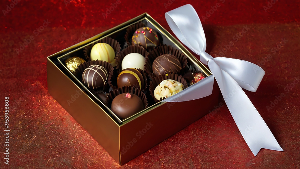 Closeup photo of open luxury chocolate box full of different flavored and shaped dark and white chocolate pieces for gift Closeup photo of open luxury chocolate box full of different flavored and shaped dark and white chocolate pieces for gift