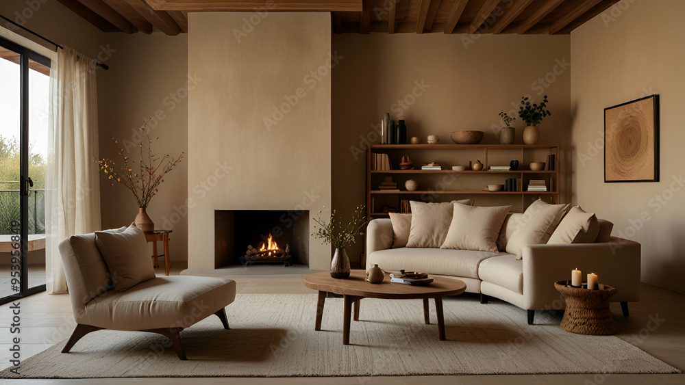 Jalanda-Boho Style Living Room with Beige Sofa, Armchair, and Fireplace Jalanda-Boho Style Living Room with Beige Sofa, Armchair, and Fireplace