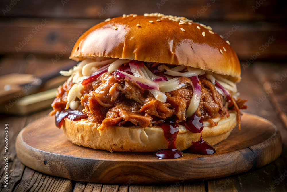 A large meat sandwich with onions and barbecue sauce on a wooden cutting board. The sandwich is the main focus of the image, and the wooden cutting board adds a rustic and homey feel to the scene