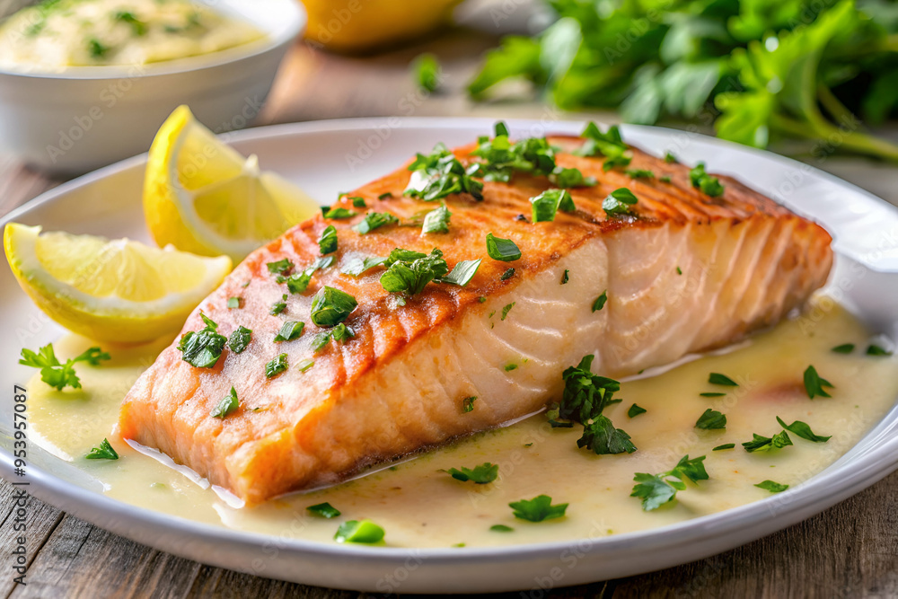 A piece of salmon with lemon slices and parsley on top. The salmon is cooked and looks delicious A piece of salmon with lemon slices and parsley on top. The salmon is cooked and looks delicious