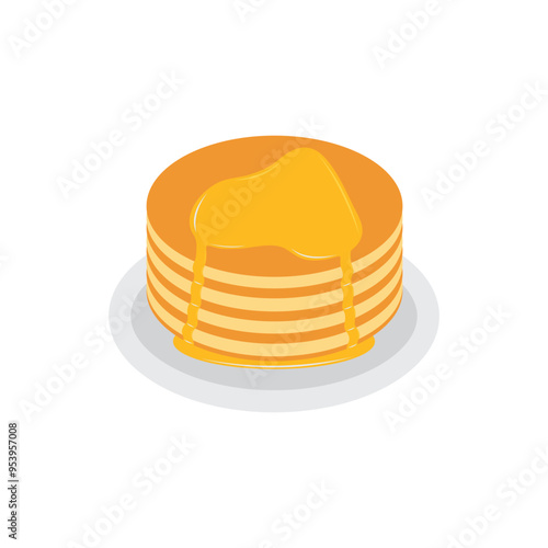 Pancakes on plate with cream and honey syrup sweet vector illustration. Tasty holiday cake food isolated on white
