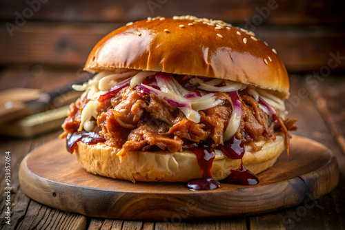 Obraz na płótnie A large meat sandwich with onions and barbecue sauce on a wooden cutting board. The sandwich is the main focus of the image, and the wooden cutting board adds a rustic and homey feel to the scene w salonie