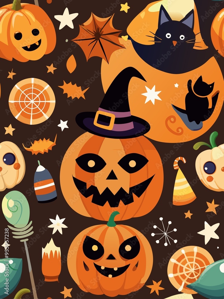 Halloween party flyer set. Bright vector illustration. Pumpkin jack-o-lantern, black cat, witch hat, lollipop, moon. For advertising banner, poster, flyer Halloween party flyer set. Bright vector illustration. Pumpkin jack-o-lantern, black cat, witch hat, lollipop, moon. For advertising banner, poster, flyer