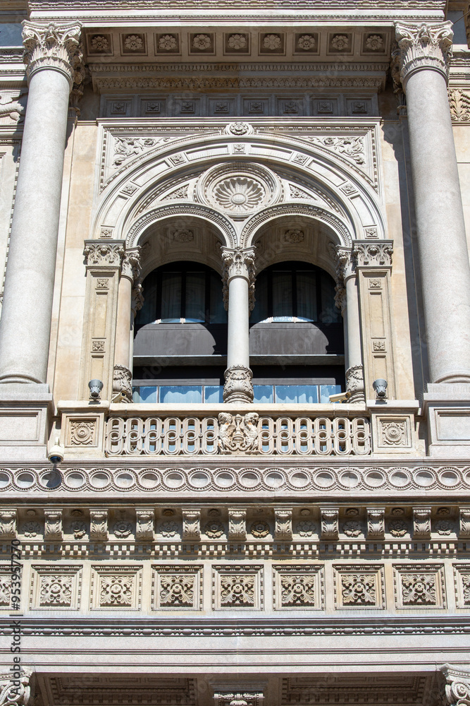 Facade of Galleria Vittorio Emanuele II, luxury shopping mall, major landmark of city, Milan, Italy