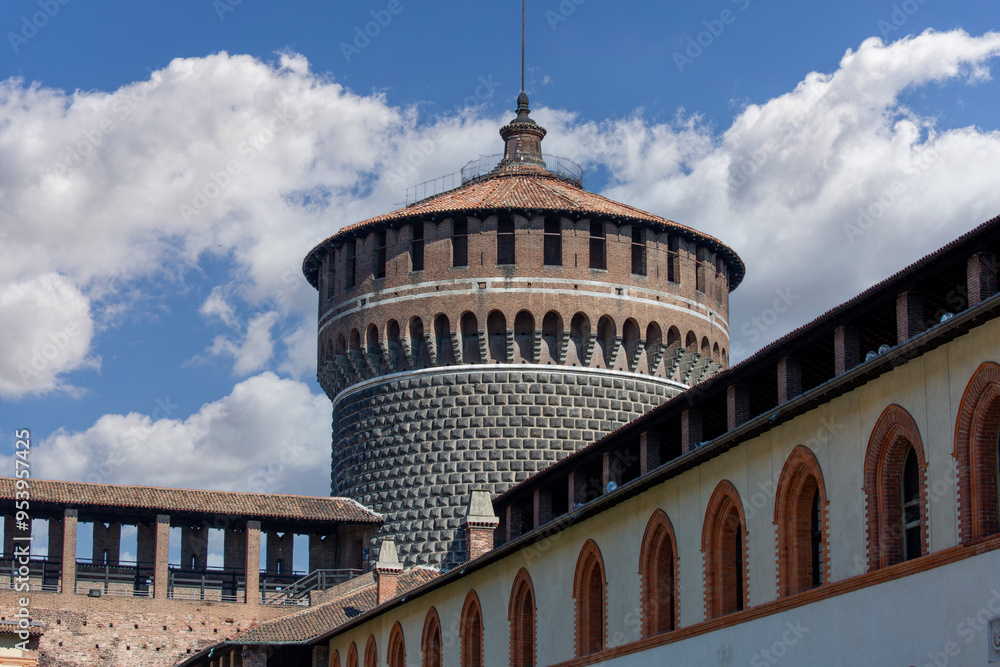 15th century Sforza Castle (Castello Sforzesco), view of Carmine Tower, Milan, Italy