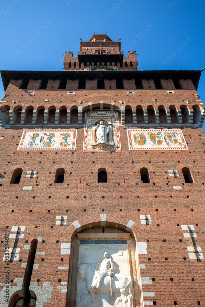 15th century Sforza Castle (Castello Sforzesco), detail on facade of Torre del Filarete, Milan, Italy