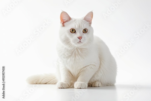 there is a white cat sitting on a white surface 