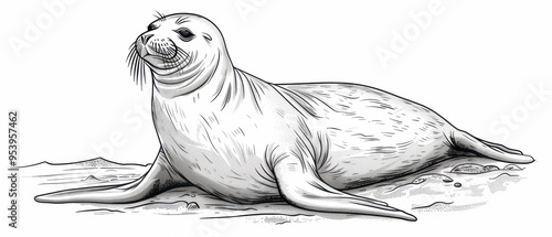 Detailed vector illustration of a fur seal, hand-drawn with fine linework, isolated on a white background. photo