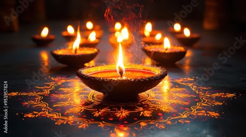 Traditional clay oil lamps lit for Diwali celebration on a dark background