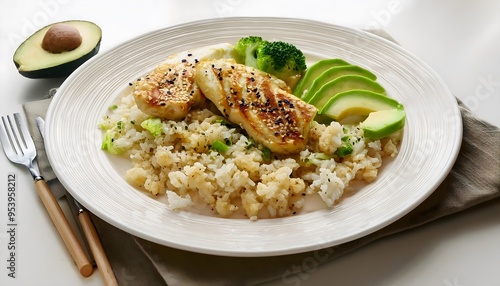 A plate of keto-friendly cauliflower rice with grilled chicken, avocado slices, and a sprinkle of sesame seeds.